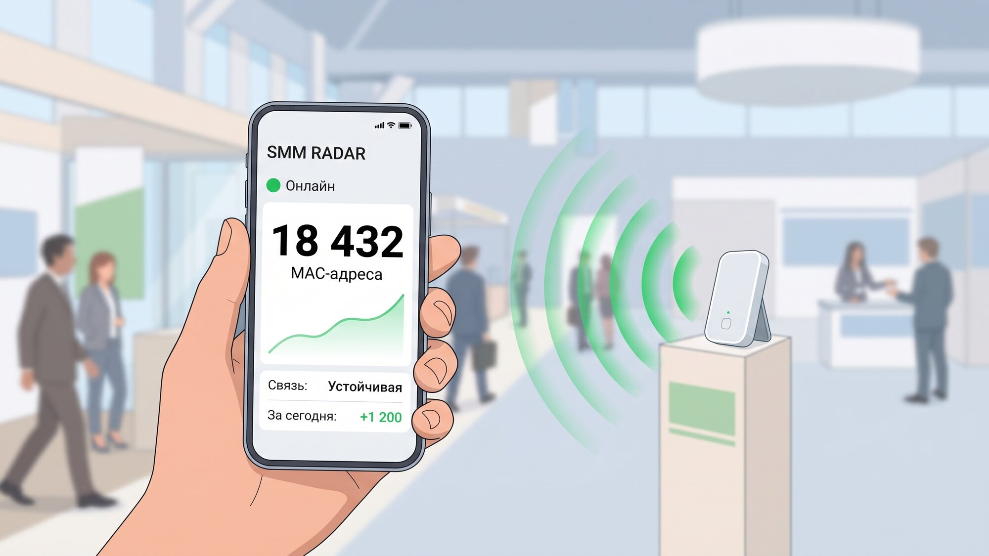 Контроль сбора аудитории WiFi-Радара со смартфона: онлайн-статус, рост числа MAC-адресов, связь
