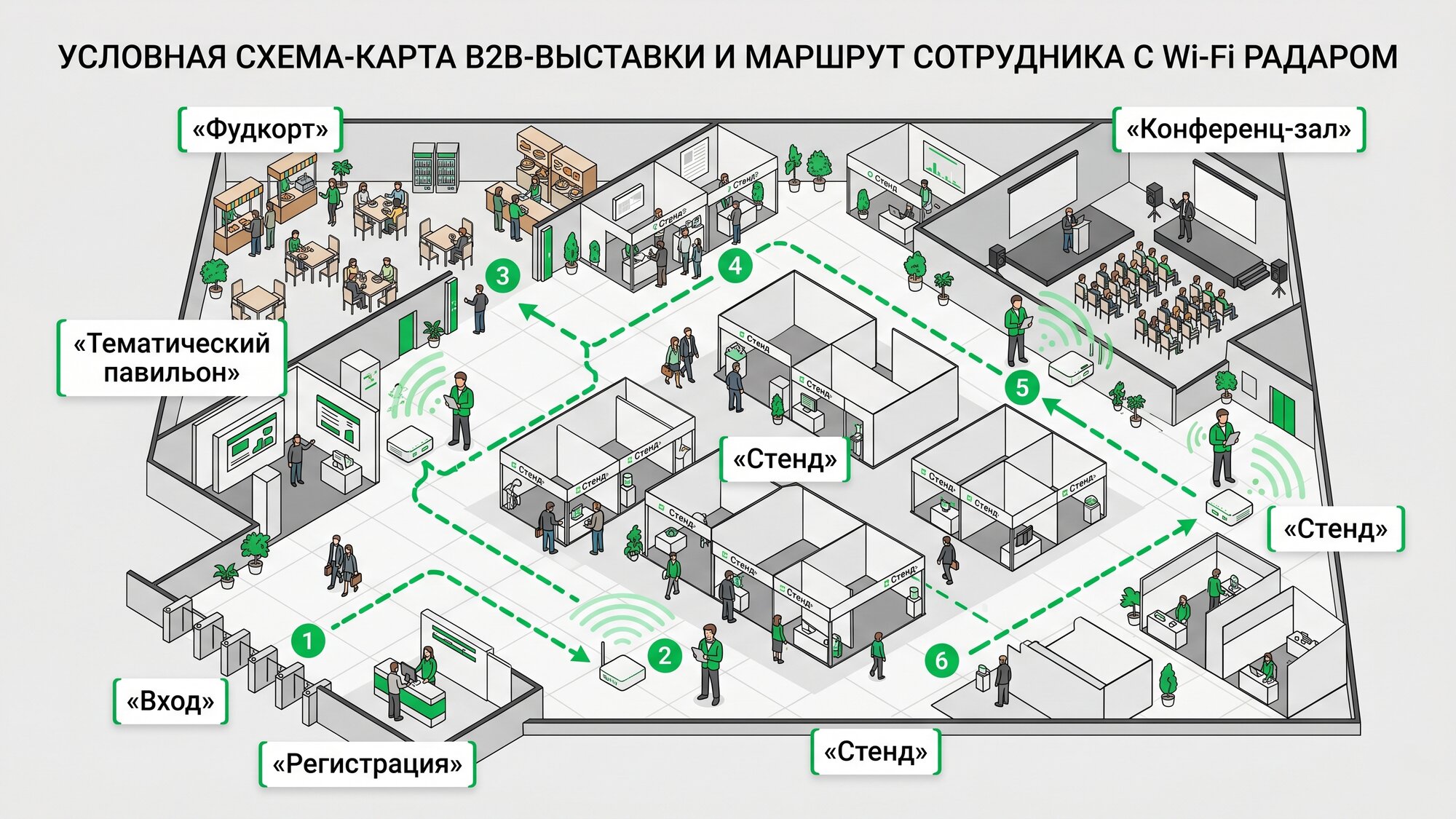 Маршрут перемещения мобильного WiFi-Радара по выставке: стенды, конференц-залы, зоны отдыха